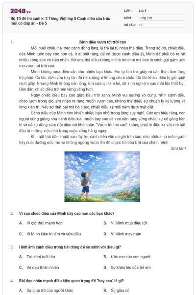 Bộ 10 đề thi cuối kì 2 Tiếng Việt lớp 5 Cánh diều cấu trúc mới có đáp án - Đề 5