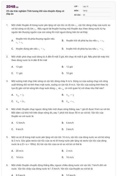 25 câu trắc nghiệm Tính tương đối của chuyển động có đáp án