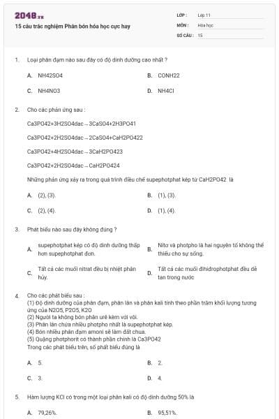 15 câu trắc nghiệm Phân bón hóa học cực hay