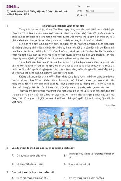 Bộ 10 đề thi cuối kì 2 Tiếng Việt lớp 5 Cánh diều cấu trúc mới có đáp án - Đề 6