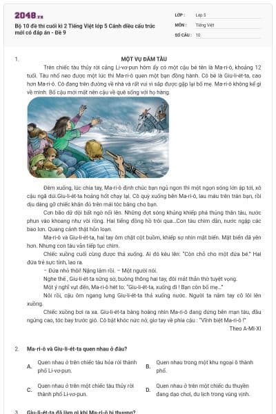 Bộ 10 đề thi cuối kì 2 Tiếng Việt lớp 5 Cánh diều cấu trúc mới có đáp án - Đề 9