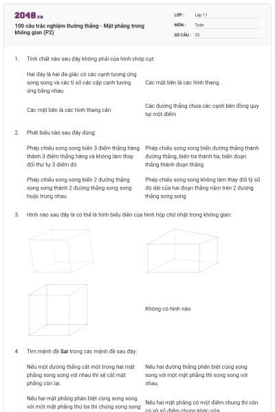 100 câu trắc nghiệm Đường thẳng - Mặt phẳng trong không gian (P2)