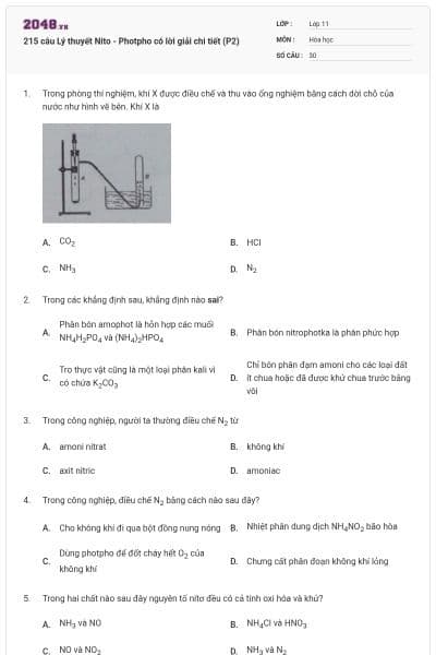 215 câu Lý thuyết Nito - Photpho có lời giải chi tiết (P2)