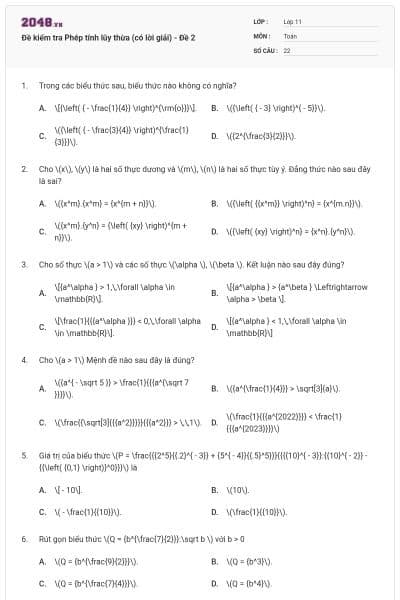 Đề kiểm tra Phép tính lũy thừa (có lời giải) - Đề 2