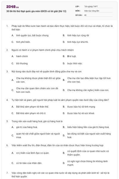 30 Đề thi thử thpt quốc gia môn GDCD có lời giải (Đề 13)