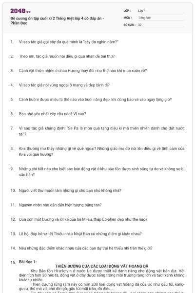 Đề cương ôn tập cuối kì 2 Tiếng Việt lớp 4 có đáp án - Phần Đọc