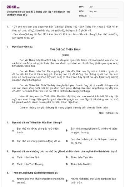 Đề cương ôn tập cuối kì 2 Tiếng Việt lớp 4 có đáp án - Đề thi tham khảo số 3