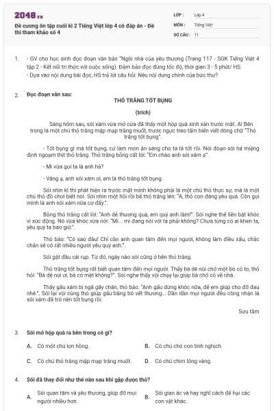 Đề cương ôn tập cuối kì 2 Tiếng Việt lớp 4 có đáp án - Đề thi tham khảo số 4