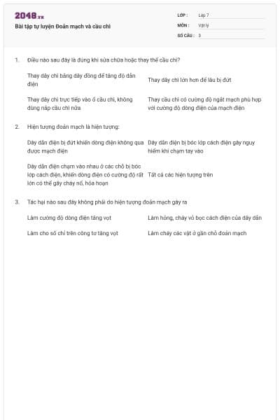 Bài tập tự luyện Đoản mạch và cầu chì