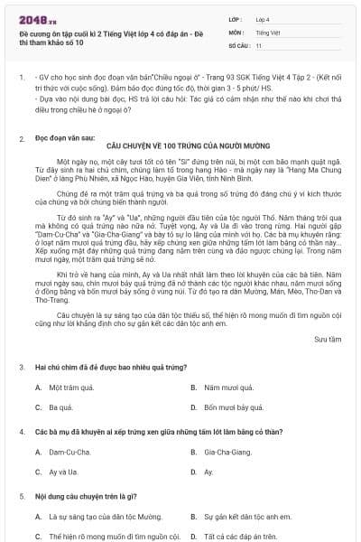 Đề cương ôn tập cuối kì 2 Tiếng Việt lớp 4 có đáp án - Đề thi tham khảo số 10