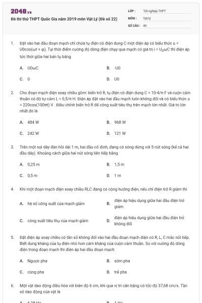 Đề thi thử THPT Quốc Gia năm 2019 môn Vật Lý (Đề số 22)