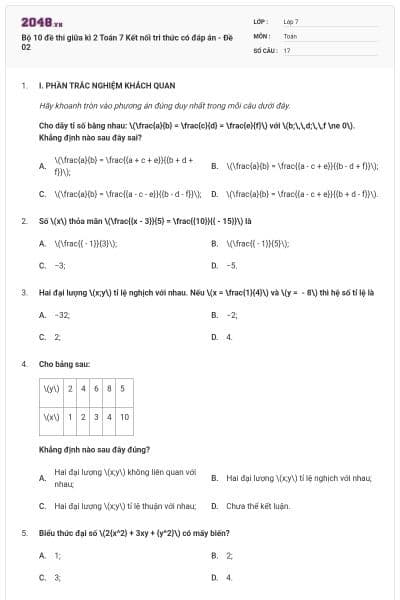 Bộ 10 đề thi giữa kì 2 Toán 7 Kết nối tri thức có đáp án - Đề 02