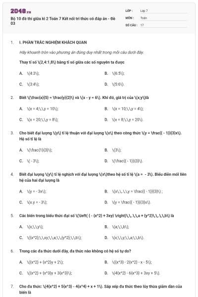 Bộ 10 đề thi giữa kì 2 Toán 7 Kết nối tri thức có đáp án - Đề 03