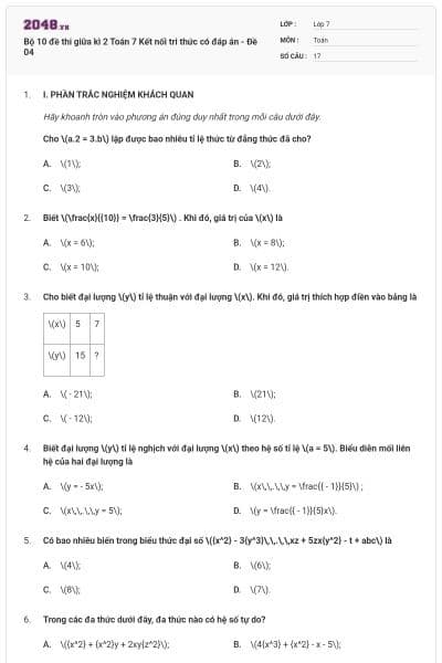 Bộ 10 đề thi giữa kì 2 Toán 7 Kết nối tri thức có đáp án - Đề 04