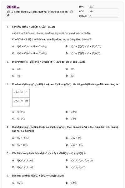 Bộ 10 đề thi giữa kì 2 Toán 7 Kết nối tri thức có đáp án - Đề 05
