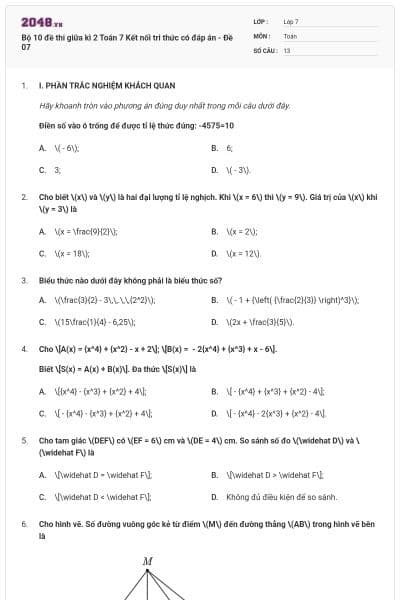 Bộ 10 đề thi giữa kì 2 Toán 7 Kết nối tri thức có đáp án - Đề 07