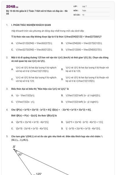 Bộ 10 đề thi giữa kì 2 Toán 7 Kết nối tri thức có đáp án - Đề 08
