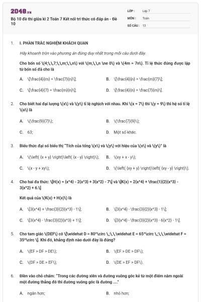 Bộ 10 đề thi giữa kì 2 Toán 7 Kết nối tri thức có đáp án - Đề 10