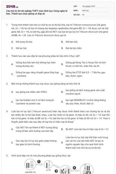 Câu hỏi ôn thi tốt nghiệp THPT môn Sinh học Công nghệ tế bào. Thành tựu chọn giống có đáp án