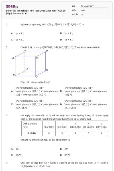 Đề thi thử Tốt nghiệp THPT Toán 2025-2026 THPT Cửa Lò (Nghệ An) có đáp án