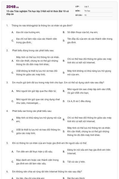 15 câu Trắc nghiệm Tin học lớp 3 Kết nối tri thức Bài 10 có đáp án