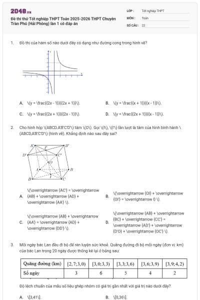Đề thi thử Tốt nghiệp THPT Toán 2025-2026 THPT Chuyên Trần Phú (Hải Phòng) lần 1 có đáp án