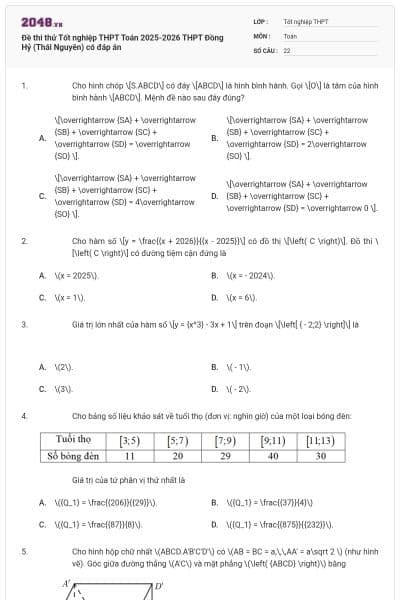 Đề thi thử Tốt nghiệp THPT Toán 2025-2026 THPT Đồng Hỷ (Thái Nguyên) có đáp án