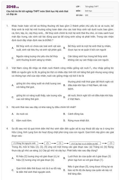 Câu hỏi ôn thi tốt nghiệp THPT môn Sinh học Hệ sinh thái có đáp án