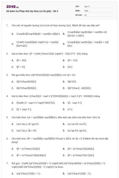 Đề kiểm tra Phép tính lũy thừa (có lời giải) - Đề 3