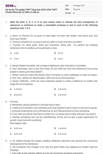 Đề thi thử Tốt nghiệp THPT Tiếng Anh 2025-2026 THPT Chuyên Khoa học tự nhiên có đáp án