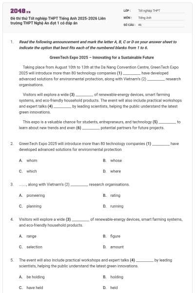 Đề thi thử Tốt nghiệp THPT Tiếng Anh 2025-2026 Liên trường THPT Nghệ An đợt 1 có đáp án