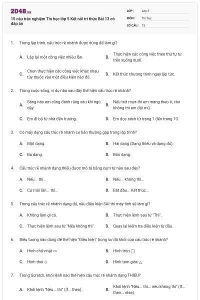 15 câu trắc nghiệm Tin học lớp 5 Kết nối tri thức Bài 13 có đáp án