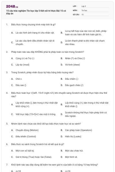 15 câu trắc nghiệm Tin học lớp 5 Kết nối tri thức Bài 15 có đáp án