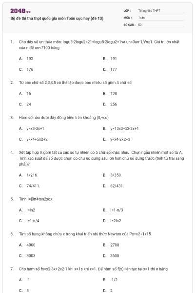 Bộ đề thi thử thpt quốc gia môn Toán cực hay (đề 13)