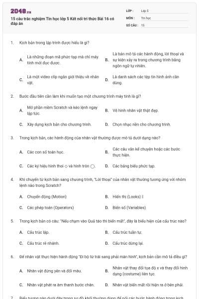 15 câu trắc nghiệm Tin học lớp 5 Kết nối tri thức Bài 16 có đáp án
