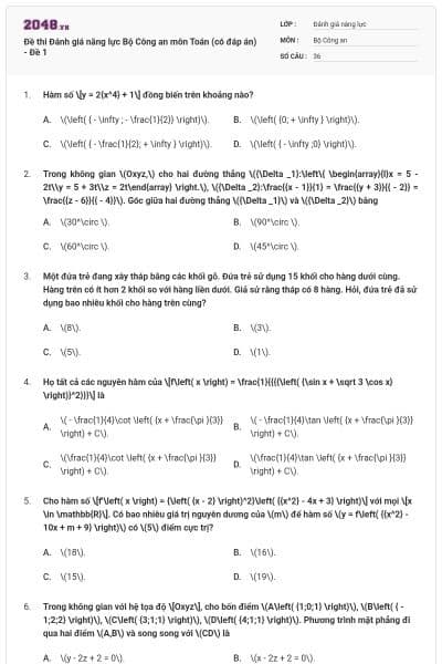Đề thi Đánh giá năng lực Bộ Công an môn Toán (có đáp án) - Đề 1