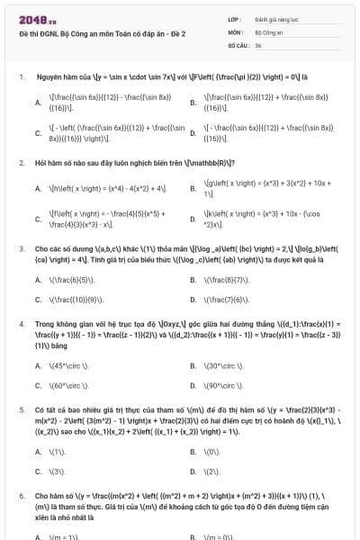 Đề thi ĐGNL Bộ Công an môn Toán có đáp án - Đề 2