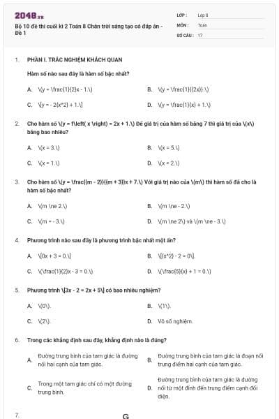 Bộ 10 đề thi cuối kì 2 Toán 8 Chân trời sáng tạo có đáp án - Đề 1