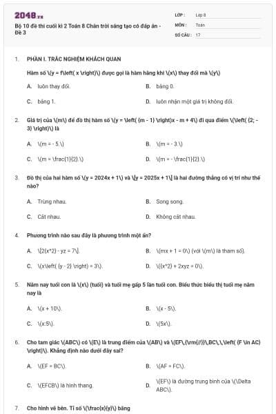 Bộ 10 đề thi cuối kì 2 Toán 8 Chân trời sáng tạo có đáp án - Đề 3