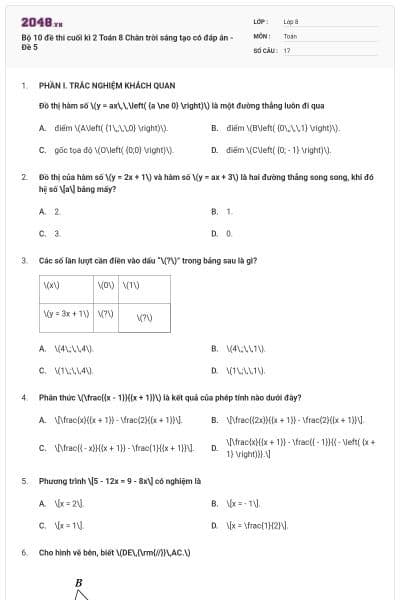 Bộ 10 đề thi cuối kì 2 Toán 8 Chân trời sáng tạo có đáp án - Đề 5