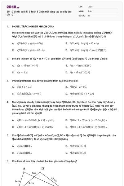 Bộ 10 đề thi cuối kì 2 Toán 8 Chân trời sáng tạo có đáp án - Đề 10