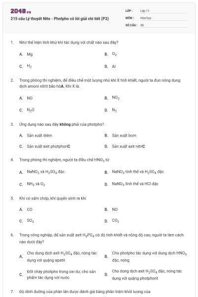 215 câu Lý thuyết Nito - Photpho có lời giải chi tiết (P3)