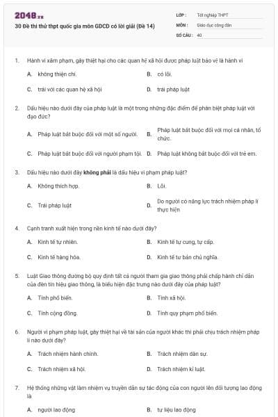 30 Đề thi thử thpt quốc gia môn GDCD có lời giải (Đề 14)