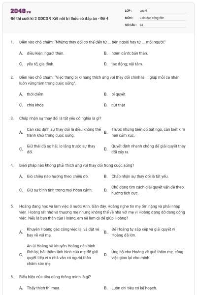 Đề thi cuối kì 2 GDCD 9 Kết nối tri thức có đáp án - Đề 4