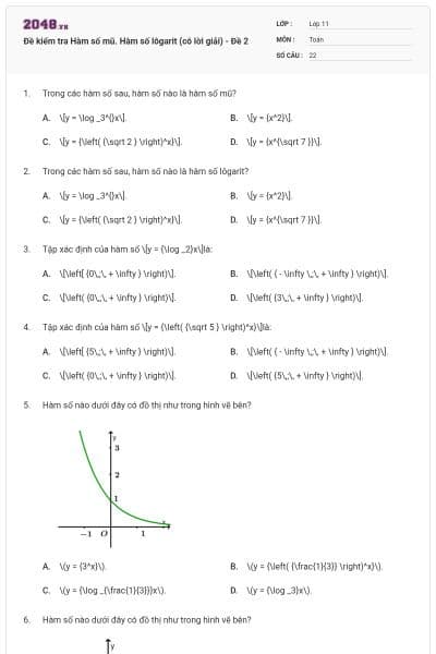 Đề kiểm tra Hàm số mũ. Hàm số lôgarit (có lời giải) - Đề 2