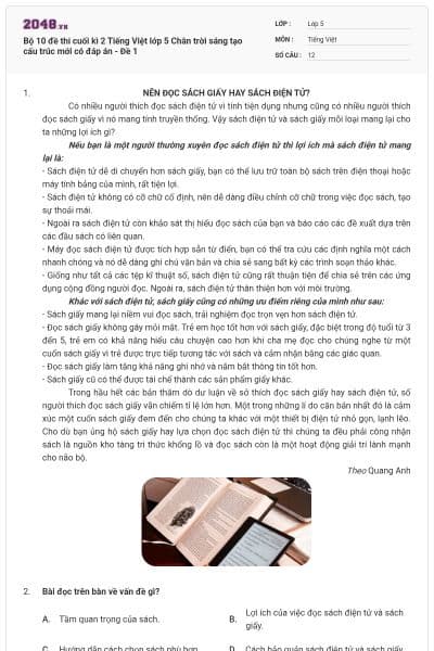 Bộ 10 đề thi cuối kì 2 Tiếng Việt lớp 5 Chân trời sáng tạo cấu trúc mới có đáp án - Đề 1