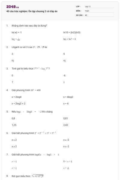40 câu trắc nghiệm: Ôn tập chương 2 có đáp án