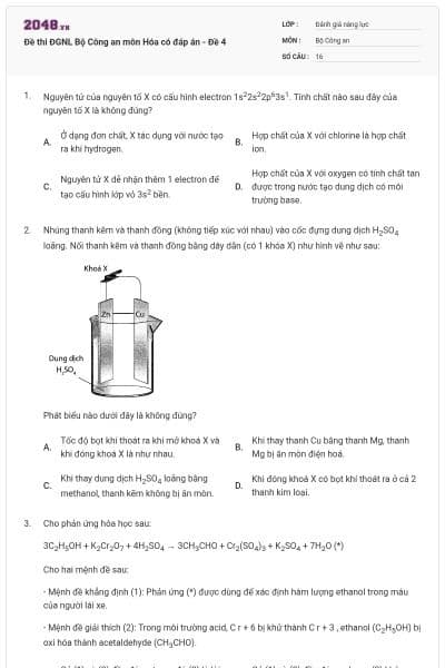 Đề thi ĐGNL Bộ Công an môn Hóa có đáp án - Đề 4