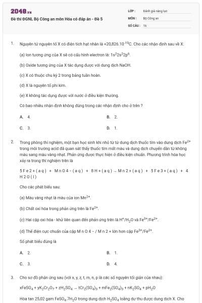 Đề thi ĐGNL Bộ Công an môn Hóa có đáp án - Đề 5