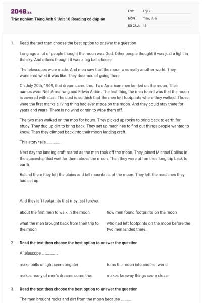 Trắc nghiệm Tiếng Anh 9 Unit 10 Reading có đáp án